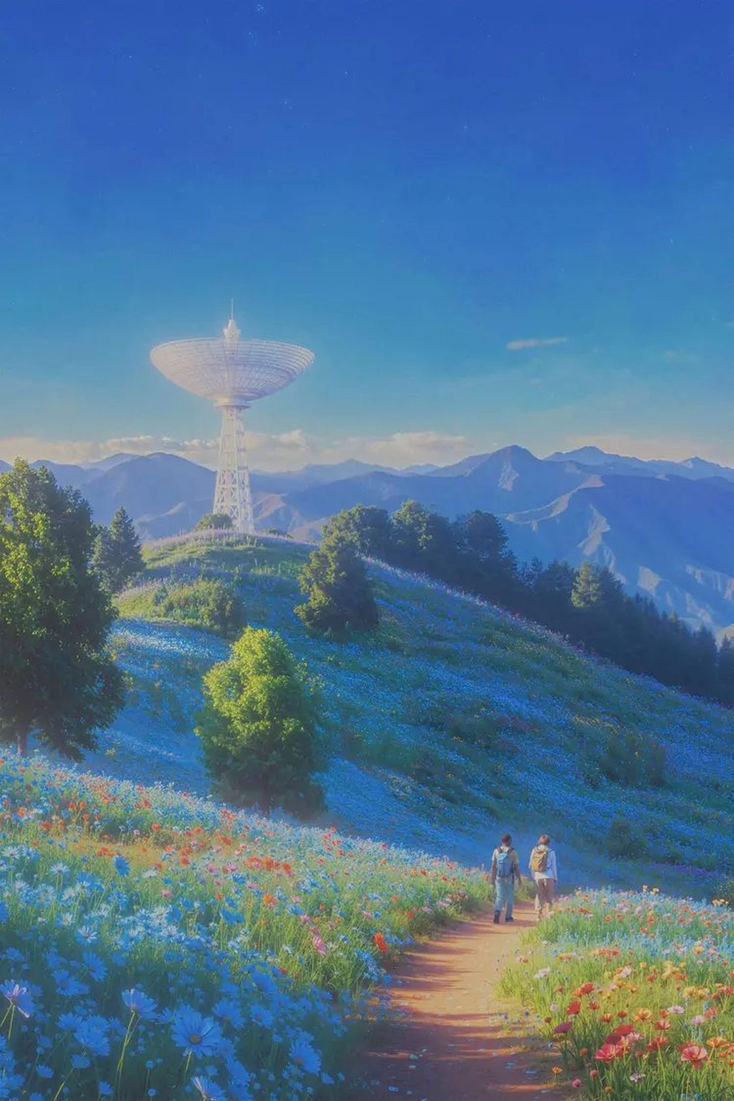 A white radio dish standing in a meadow of blue, red and yellow wildflowers under a deep blue sky
