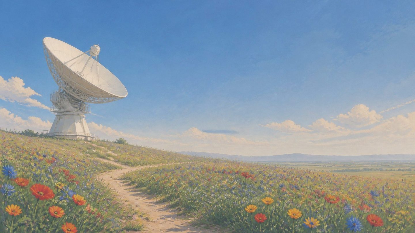 A white radio dish standing in a meadow of blue, red and yellow wildflowers under a deep blue sky