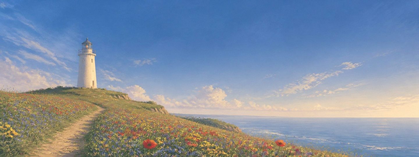 A white lighthouse on a grassy headland above a calm sea in late afternoon light