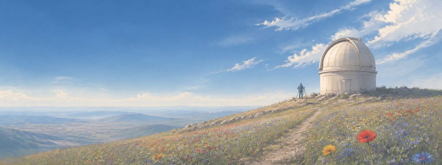A white observatory dome on a ridge above a valley at first light, with one small figure checking an instrument beside it