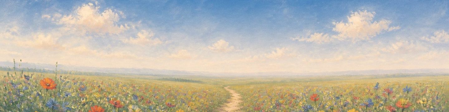 A narrow dirt path running through a meadow of blue, red and yellow wildflowers toward a hazy horizon in late afternoon light
