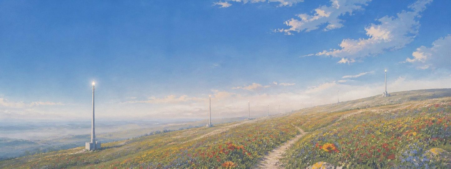 A line of small white relay masts running across rolling hills above a wildflower meadow in early morning light