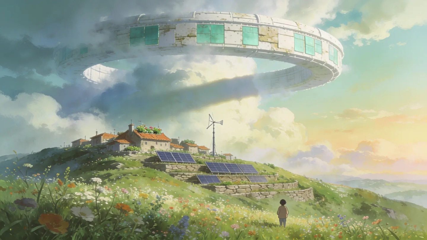 A ring-shaped station floating above a hillside village at dusk