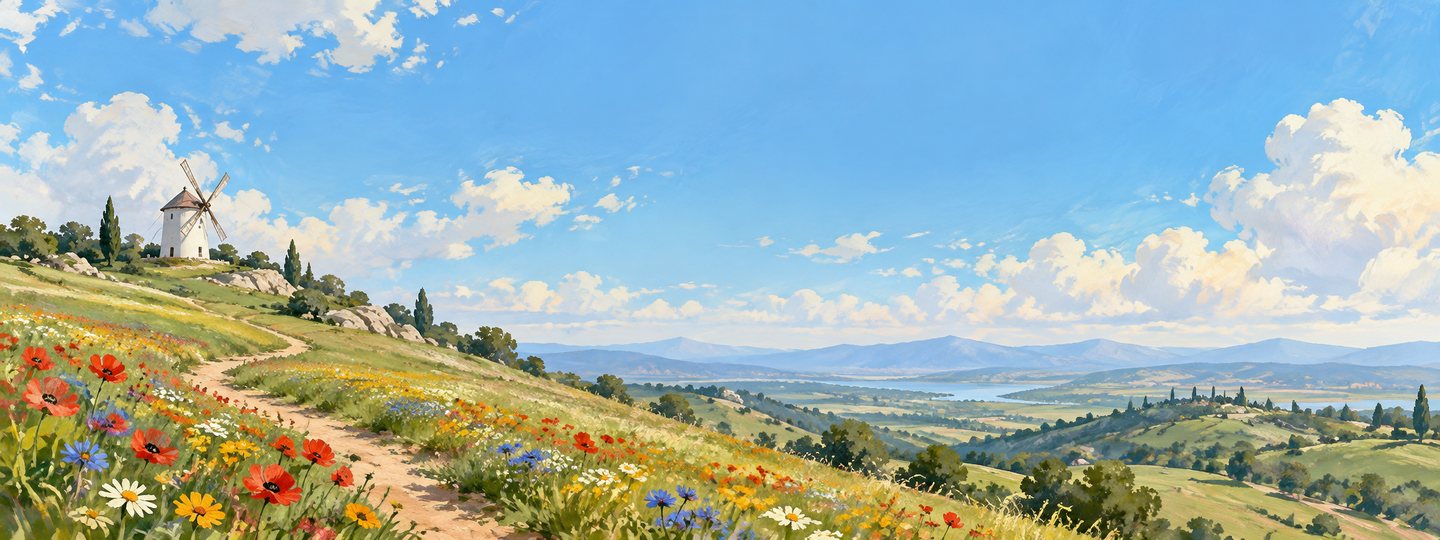 A white windmill on a hilltop above a meadow of poppies, daisies and cornflowers, a dirt path winding down toward a valley with a lake and distant mountains