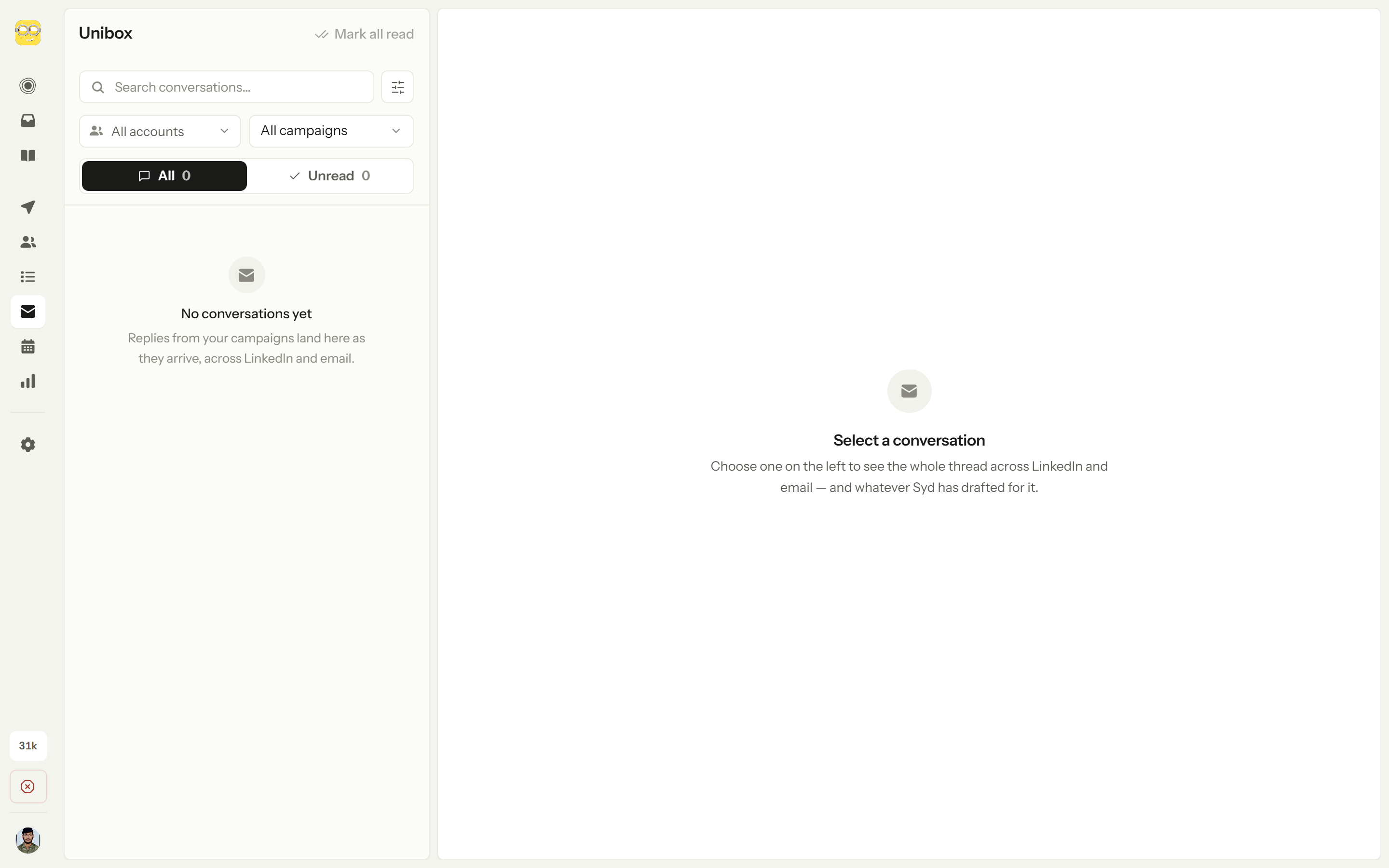 The unified inbox listing LinkedIn and email conversations side by side