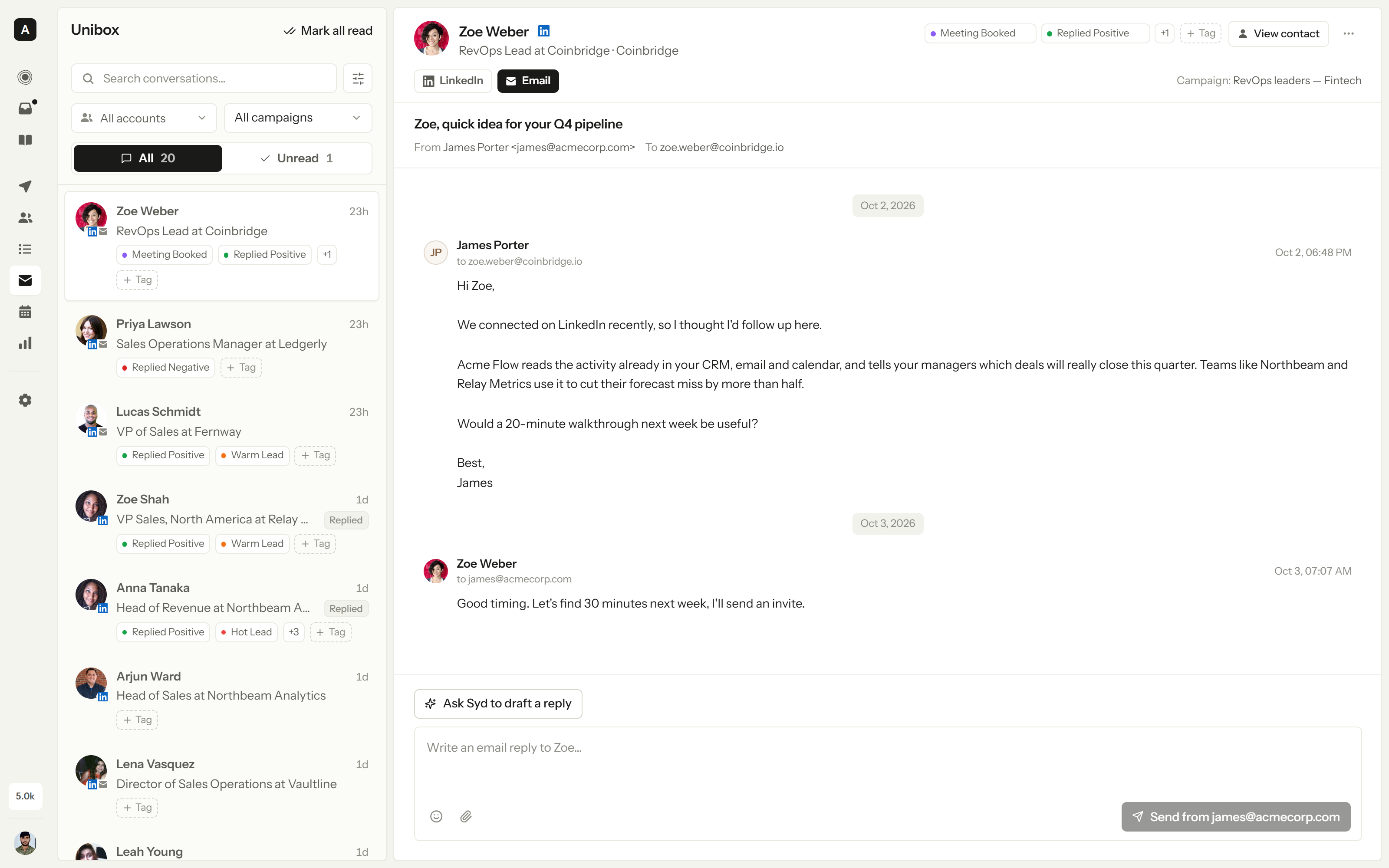 The Unibox with a conversation open: the prospect's reply, the campaign it came from, and Ask Syd to draft a reply